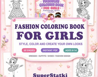 Dibujos para colorear de moda, libro para colorear de moda para niñas, 50 dibujos para colorear de vestidos y conjuntos kawaii para imprimir, edades de 6 a 14 años, descarga en PDF.