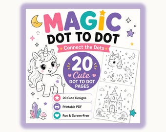 Unicorn Dot to Dot for Kids: 20 Printable Connect the Dots Pages PDF, Counting Activity Ages 4-8