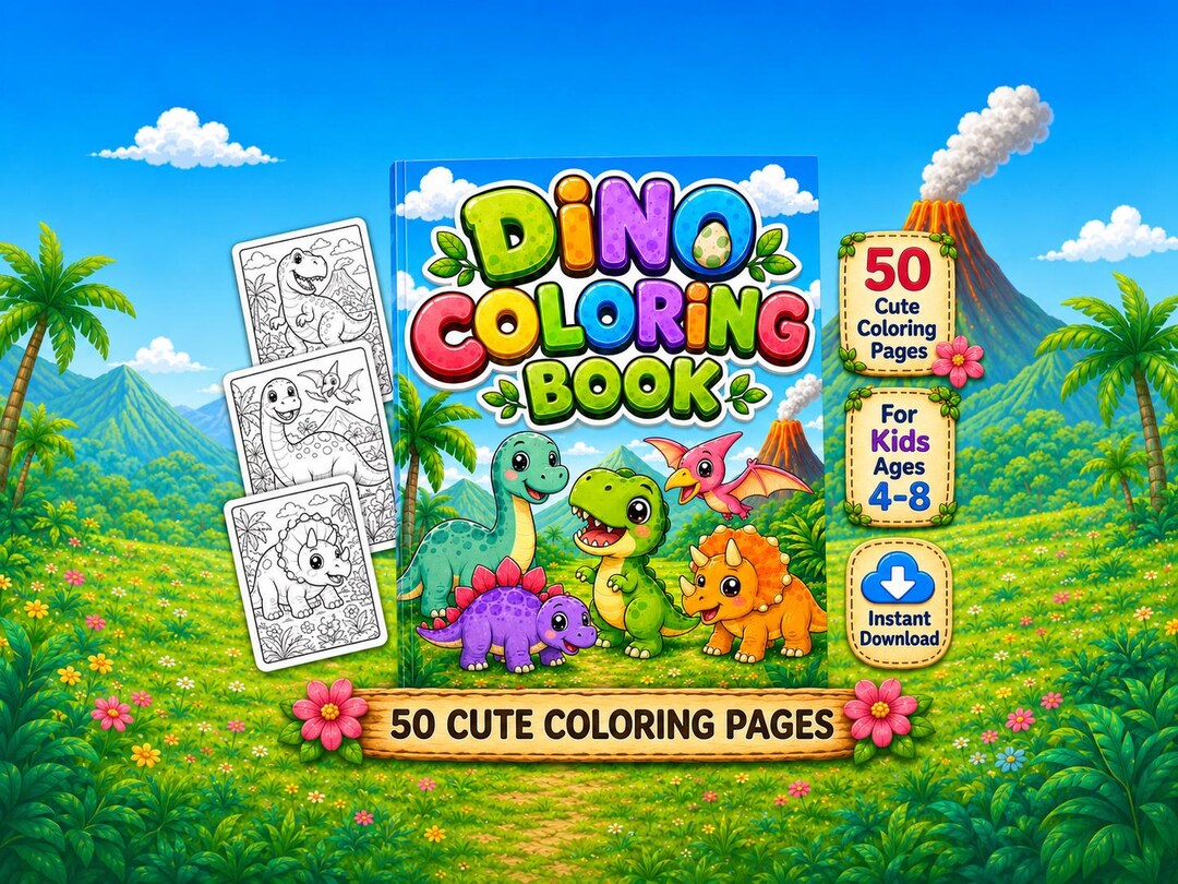 Dinosaur Coloring Book for Kids: 50 Printable Coloring Pages PDF, Cute ...