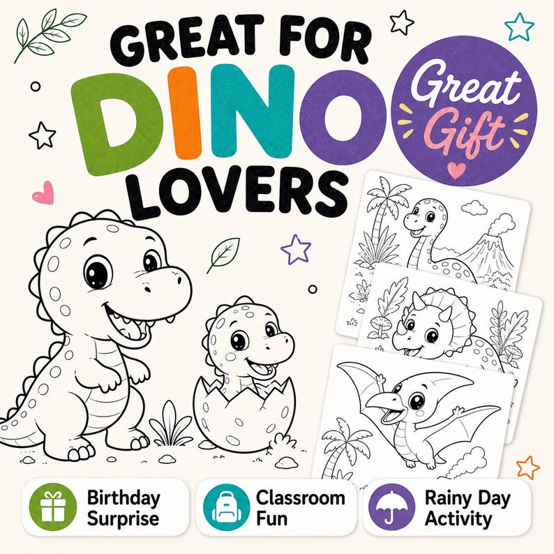 Dinosaur Coloring Book for Kids: 50 Printable Coloring Pages PDF, Cute Kawaii Dinos, Ages 4-8 Activity image 10