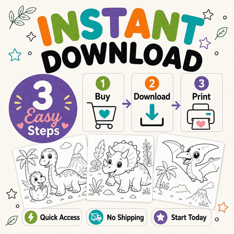 Dinosaur Coloring Book for Kids: 50 Printable Coloring Pages PDF, Cute Kawaii Dinos, Ages 4-8 Activity image 3