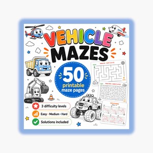 Voertuigdoolhoven voor kinderen: 50 printbare vrachtwagendoolhofpagina's (pdf), auto-activiteitenboek voor kinderen van 4-10 jaar, direct te downloaden.