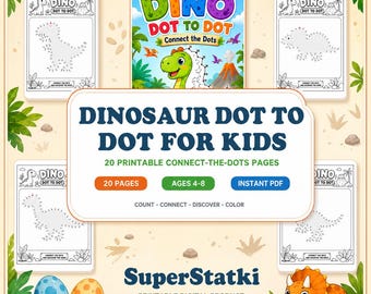 Dinosaur Dot to Dot for Kids: 20 Printable Connect the Dots Pages PDF, Counting Activity Ages 4-8