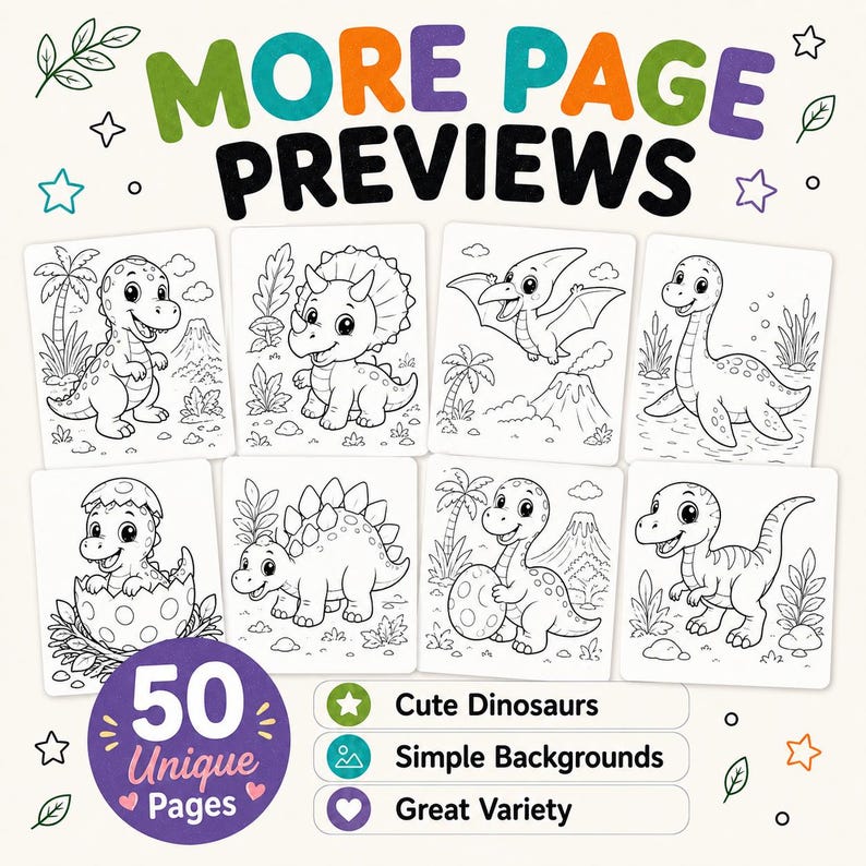 Dinosaur Coloring Book for Kids: 50 Printable Coloring Pages PDF, Cute Kawaii Dinos, Ages 4-8 Activity image 9