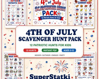 Búsqueda del tesoro imprimible para el 4 de julio, 12 búsquedas patrióticas para niños, juego para fiestas del Día de la Independencia, actividad para el 4 de julio, descarga instantánea en PDF.