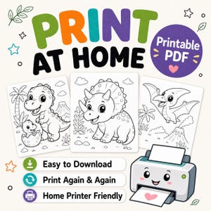 Dinosaur Coloring Book for Kids: 50 Printable Coloring Pages PDF, Cute Kawaii Dinos, Ages 4-8 Activity image 2