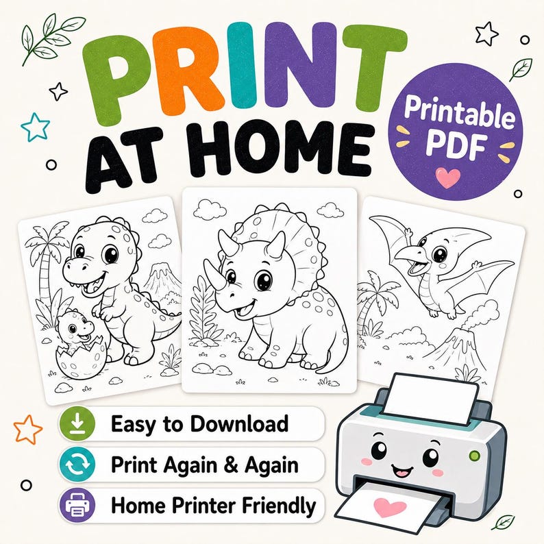 Dinosaur Coloring Book for Kids: 50 Printable Coloring Pages PDF, Cute Kawaii Dinos, Ages 4-8 Activity image 2