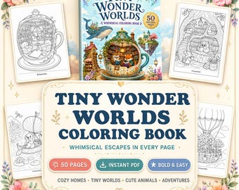 Dibujos para colorear originales para adultos, libro para colorear de fantasía acogedora, mundos pequeños y adorables, imprimibles llamativos y fáciles, descarga en PDF de 50 páginas.