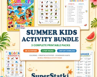 Paquete de actividades de verano para niños 3 en 1, libro para colorear de verano, búsqueda del tesoro, más de 80 páginas en PDF imprimible, diversión sin pantallas, descarga