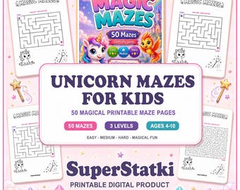 Laberintos de unicornios para niños: 50 páginas de laberintos imprimibles en PDF, libro de actividades mágicas para niños de 4 a 10 años, descarga instantánea.