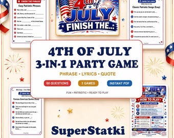 4 de julio: Completa la frase, completa la letra, 80 preguntas de trivia patrióticas, juego imprimible, fiesta del Día de la Independencia, descarga instantánea en PDF.