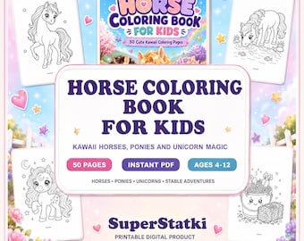 Dibujos para colorear de caballos, libro para colorear de caballos para niños, 50 dibujos para colorear de caballos, ponis y unicornios kawaii para imprimir, edades de 4 a 12 años, descarga en PDF