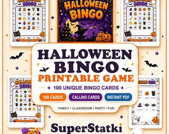 Bingo de Halloween imprimible, 100 tarjetas únicas, juego para fiestas de Halloween, tarjetas de bingo espeluznantes, actividad de Halloween para niños, descarga instantánea en PDF.