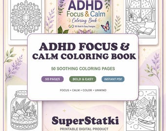 ADHD Coloring Book,50 Focus Calm Coloring Page Printable PDF, Mental Health Stress Relief Bold Easy Coloring Pages Mindful, Instant Download