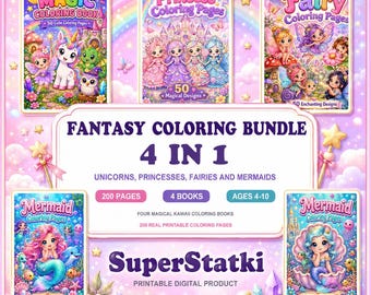 Paquete de libros para colorear de fantasía 4 en 1: Unicornio, Princesa, Sirena, Hada. Libro para colorear infantil con 200 páginas imprimibles estilo Kawaii para niños de 4 a 10 años (descarga en PDF).