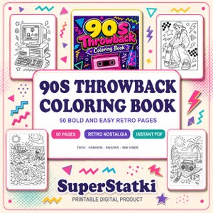 90s Coloring Book, 50 Retro Throwback Coloring Pages Printable PDF, 90s Nostalgia Bold Easy Coloring Pages, Vintage Retro, Instant Download