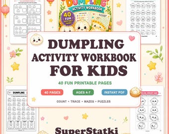 Libro de actividades para niños con páginas para colorear de dumplings, 40 hojas de trabajo kawaii para preescolares de 4 a 7 años, descarga de PDF imprimible para educación en casa y jardín de infancia