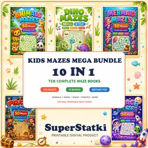 Kids Mazes MEGA Bundle 10 in 1, 500 Printable Maze Pages, Pirate Dinosaur Princess Unicorn Space Christmas, Ages 4-12 PDF Download
