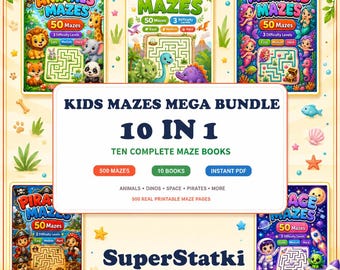 Paquete MEGA de Laberintos para Niños 10 en 1, 500 páginas de laberintos imprimibles, Piratas, Dinosaurios, Princesas, Unicornios, Espacio, Navidad, Edades 4-12 Descarga PDF