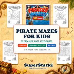 Labirinti dei pirati per bambini: 50 pagine di labirinti del tesoro stampabili in PDF, libro di attività per bambini dai 4 ai 10 anni, download immediato.