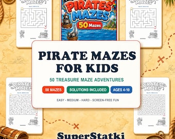 Laberintos piratas para niños: 50 páginas imprimibles de laberintos del tesoro en PDF, libro de actividades para niños de 4 a 10 años, descarga instantánea.