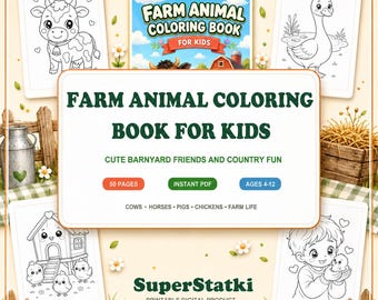 Dibujos para colorear de animales de granja, libro para colorear de granja kawaii para niños, 50 dibujos para colorear imprimibles de vacas, caballos, cerdos y gallinas, edades de 4 a 12 años, descarga en PDF