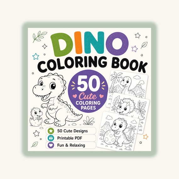 Dinosaur Coloring Book for Kids: 50 Printable Coloring Pages PDF, Cute Kawaii Dinos, Ages 4-8 Activity