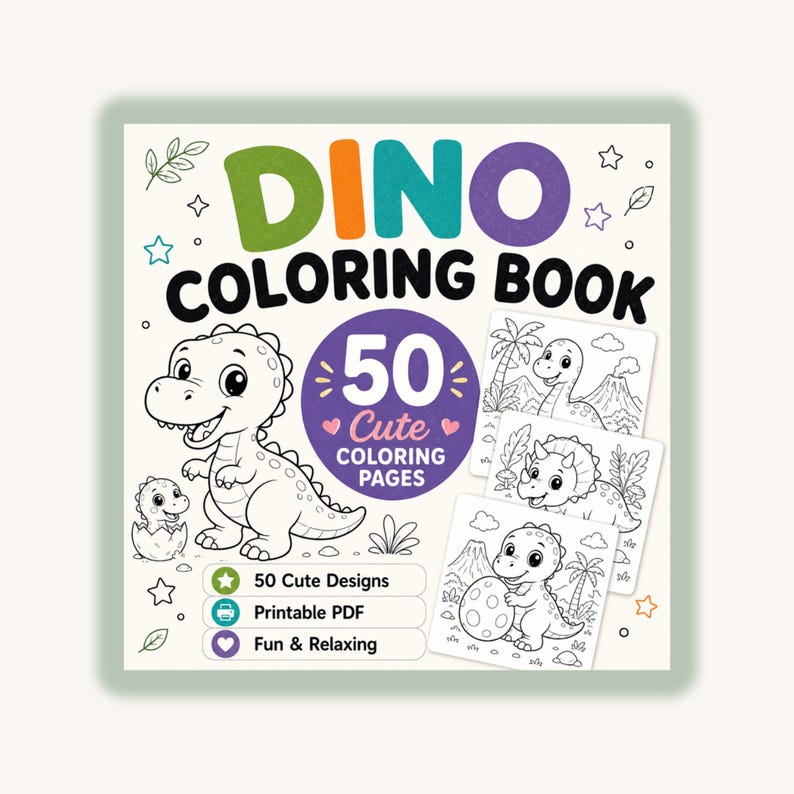 Dinosaur Coloring Book for Kids: 50 Printable Coloring Pages PDF, Cute Kawaii Dinos, Ages 4-8 Activity image 1