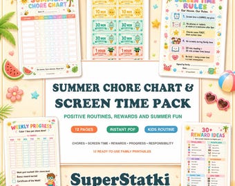 Summer Chore Chart for Kids, Earn Screen Time Bundle, Kids Chore Chart Printable, Reward System, 12 Pages, Ages 5-14, Download PDF