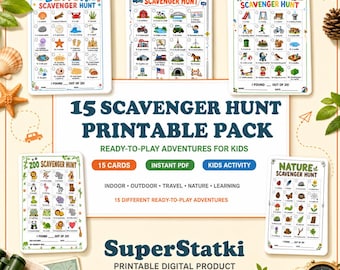 Búsqueda del tesoro imprimible para niños, paquete de 15 tarjetas de búsqueda del tesoro, búsqueda del tesoro en la naturaleza, al aire libre, en la playa, actividad infantil en PDF, descarga.