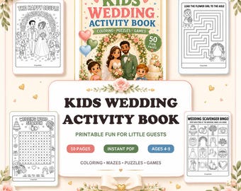 Libro de actividades imprimible para bodas infantiles, páginas para colorear de bodas, juegos para la recepción de la boda, recuerdo de mesa para niños, descarga instantánea en PDF.