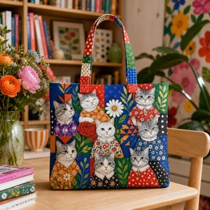 Könnte beinhalten: Eine rechteckige Stofftasche mit einem farbenfrohen Patchwork-Design aus sieben Katzen in gemusterten Hemden und Kleidern, durchsetzt mit Blumenmotiven wie Gänseblümchen und Rosen, vor einem blauen Hintergrund mit zwei passenden Tragegriffen.