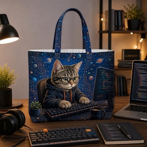 May include: A blue tote bag featuring a graphic of a tabby cat wearing glasses and a dark hoodie, sitting at a computer. The background pattern consists of circuit board lines and planets. The cat is typing on a keyboard with a mug nearby.