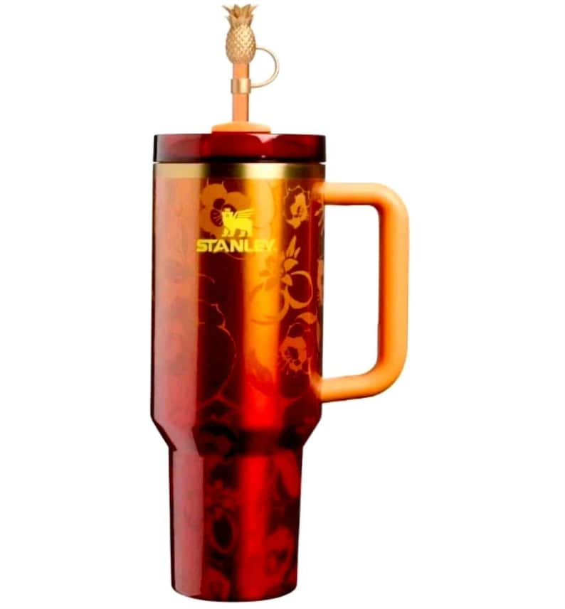 Floral Red Stanley Tumbler Cup with Handle, Insulated Travel Mug, Reusable Drinkware image 3