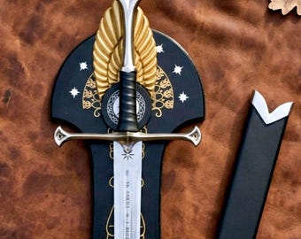 Fantasy Medieval Sword Replica | Silver Blade, Golden Wings, Display Plaque