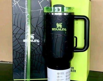 Spider Web Engraved Tumbler, Black Neon Green Insulated Travel Mug (40oz)