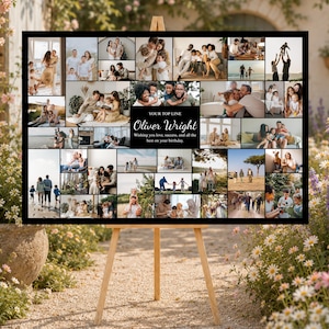 May include: A rectangular photo collage print featuring numerous candid family photographs arranged in a grid. A central black panel displays the white text: YOUR TOP LINE, Oliver Wright, Wishing you love, success, and all the best on your birthday.