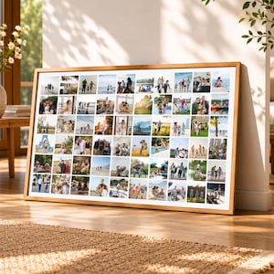 Op de afbeelding: Een groot rechthoekig wandkunstwerk met een raster van talloze kleine, vierkante kleurenfoto's die diverse buitenactiviteiten, familiebijeenkomsten en reismomenten tonen, gevat in een eenvoudige lijst van lichtgekleurd hout.