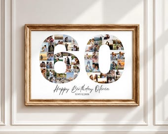 60th Birthday Photo Collage Canva Template, Editable 60 Number Picture, Custom Birthday Memory Gift