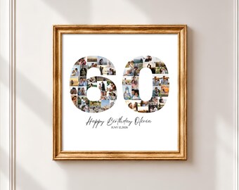 Editable 60th Birthday Photo Collage Canva Template, 60 Number Picture Gift Collage, Printable Memory