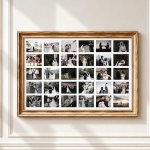 May include: A rectangular wooden picture frame containing a collage of thirty individual wedding photographs. The frame features a textured, medium-brown finish with ornate detailing. The interior display consists of five rows of six small images.