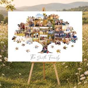 May include: A white rectangular sign featuring a photo collage arranged in the shape of a tree with scattered leaves. The collage contains numerous family photographs. The text "The Smith Family" is printed in black script at the bottom center.