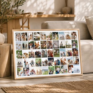 May include: A rectangular photo collage print displayed in a light wood frame, featuring a grid of numerous small, individual color photographs showcasing various outdoor and indoor scenes of people, families, and groups in diverse settings.