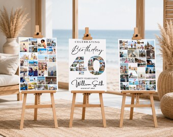 40th Birthday Photo Collage Welcome Sign 3 set, Memory Board Canva Template (Digital Download)