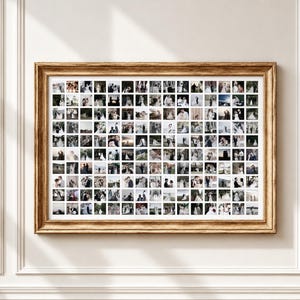 Peut inclure: Un cadre mural rectangulaire à la finition dorée vieillie contenant un grand pêle-mêle photo. Le collage se compose de nombreuses petites photographies de mariage carrées disposées en grille, montrant divers couples dans des décors variés.