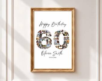 60th Birthday Photo Collage Canva Template, Editable 60 Number Picture, Custom Birthday Gift