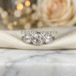 2.10 CT Rose Cut Moissanite Three Stone Ring, Bezel Set Vintage Engagement Ring, Minimalist Bridal Ring in 925 Sterling Silver