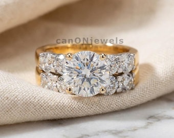 3.55 CT Round Cut Moissanite Bridal Ring Set, Sterling Silver Wedding Ring Set, Double Band Engagement Ring, Cluster Wedding Ring
