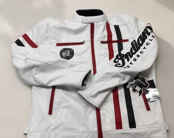 Indian Motorcycle Apparel, Indian Motorcycle Jacket, Indian Motorcycle Leather Jacket, White Leather Racer Racing Stripe Jacket Gift for him