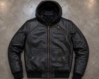 Schott NYC Leather Jacket Vintage Leather Jacket Men,  Racer Jacket, Hooded Leather Jacket, ,Black Motorcycle Biker Jacket personalized gift